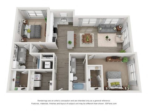 A 3D floor plan of a house with a kitchen, living room, and two bedrooms.
