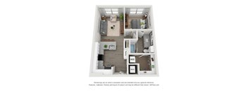 A 3D floor plan of a small apartment with a living room, kitchen, and bathroom.