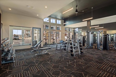 A gym with a variety of equipment including treadmills, weights, and exercise machines.