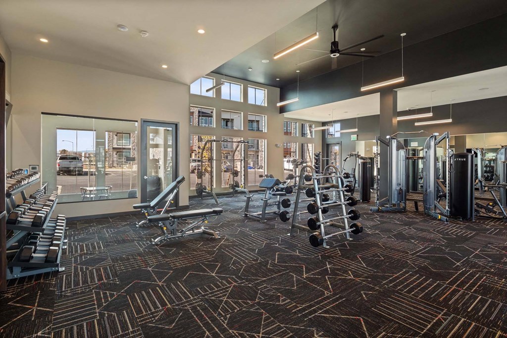 A gym with a variety of equipment including treadmills, weights, and exercise machines.