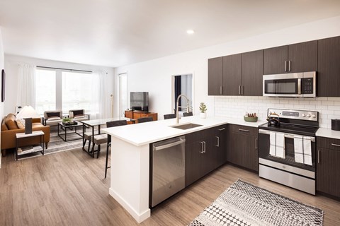 A modern kitchen with dark brown cabinets and stainless steel appliances.