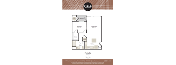 A floor plan for a Field House apartment with a living room, bedroom, kitchen, and bath.