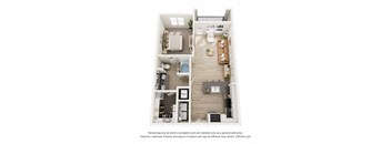 A 3D floor plan of a small apartment with a kitchen, living room, and bathroom.
