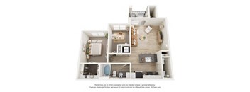 A 3D floor plan of a house with a living room, kitchen, and two bedrooms.