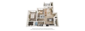 A 3D floor plan of a house with a kitchen, living room, and bathroom.