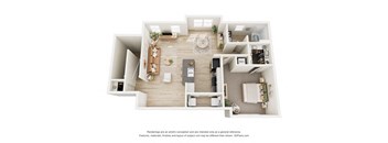 A 3D floor plan of a house with a kitchen, living room, and dining area.