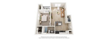A 3D rendering of a modern apartment layout with a kitchen, living room, and bathroom.