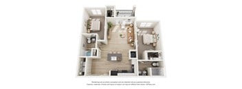 A 3D floor plan of a house with a living room, kitchen, and two bedrooms.