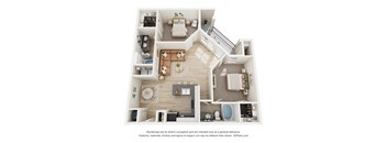 A 3D floor plan of a house with a living room, kitchen, and two bedrooms.