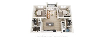 A 3D floor plan of a house with a living room, kitchen, and two bedrooms.