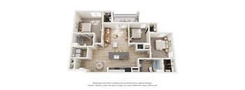 A 3D floor plan of a house with a kitchen, living room, and two bedrooms.