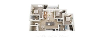 A 3D floor plan of a house with a kitchen, living room, and two bedrooms.