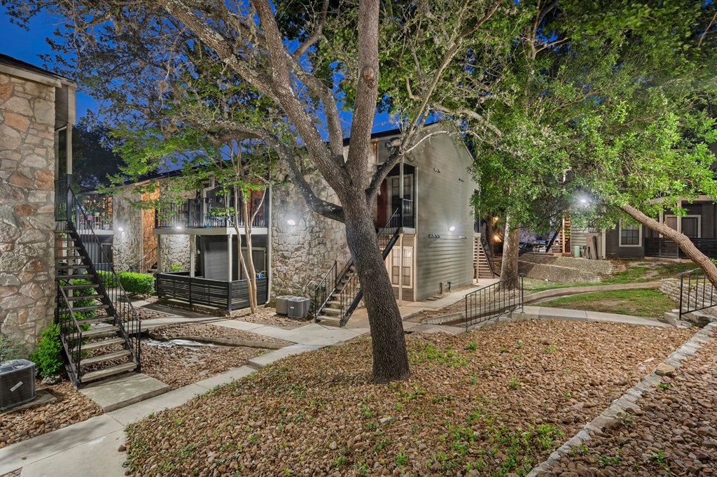 A tree in a yard with a house in the background.