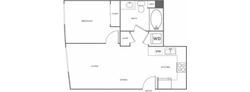 A floor plan of a small apartment with a bedroom, living room, kitchen, dining room, and bathroom.