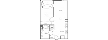 A black and white floor plan of a home with a living room, dining room, kitchen, and bathroom.