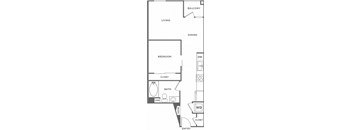 A floor plan of a small apartment with a living room, dining room, bedroom, bathroom, and closet.