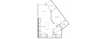 A floor plan of an apartment with a living room, bedroom, bathroom, kitchen, and laundry room.