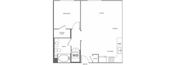 A floor plan of a small apartment with a bedroom, living room, dining room, kitchen, bathroom, and laundry area.
