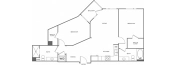 A floor plan of a home with a living room, dining room, kitchen, two bedrooms, and two bathrooms.