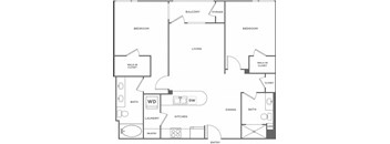 A black and white floor plan of a house with two bedrooms, a living room, a dining room, a kitchen, a pantry, a laundry room, a bathroom, a walk-in closet, and storage.