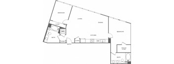 A floor plan of a house with a living room, dining room, kitchen, and bathrooms.