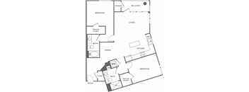A black and white image of a house floor plan with a balcony, two bedrooms, a living room, a dining room, a kitchen, two bathrooms, and a walk-in closet.