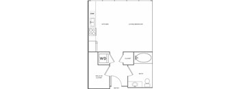 A floor plan of a small apartment with a kitchen, living/bedroom, bath, and closet.