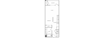 A floor plan of a home with a living room, bedroom, bathroom, and kitchen.