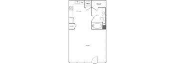 A floor plan of a small apartment with a living room, kitchen, bathroom, and two closets.