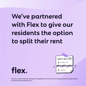 An image showing a partnership with Flex to offer rent splitting option to residents, with a rent bill and a Flex logo.