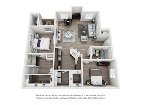 A floor plan of a house with a kitchen, living room, and two bedrooms.