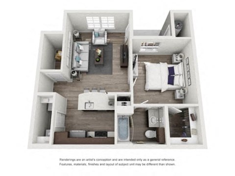 A floor plan of a small apartment with a kitchen, living room, and two bedrooms.