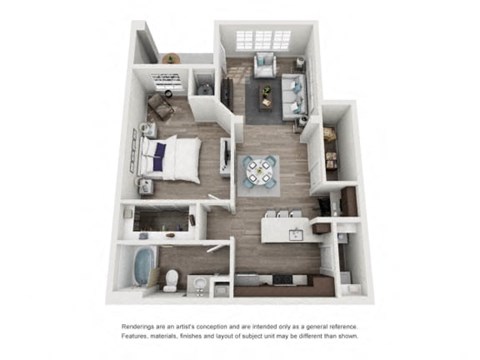 A floor plan of a two-bedroom apartment with a living room, kitchen, and bathroom.