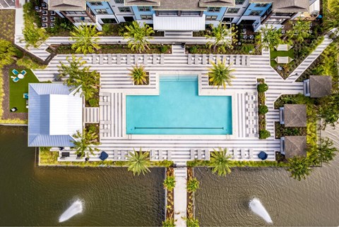 A swimming pool surrounded by palm trees and a white building.