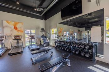 A gym with treadmills, weights, and exercise equipment.