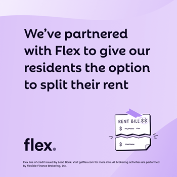 An image showing a partnership with Flex to offer rent splitting option to residents, with a rent bill icon.