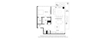 A floor plan of a house with a living room, dining room, kitchen, bathroom, and bedroom.