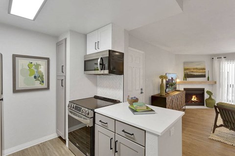 A modern kitchen with a wood stove in the living room.