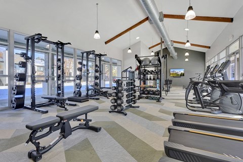 A gym with a variety of equipment including treadmills, weights, and exercise machines.