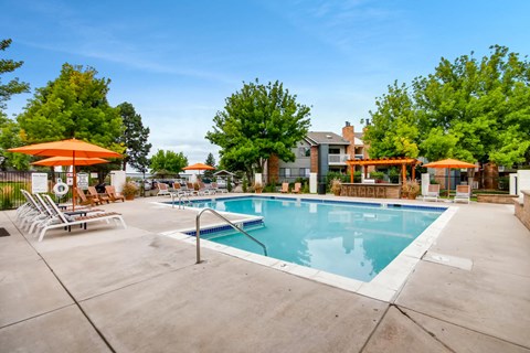A large swimming pool surrounded by trees and umbrellas.
