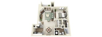 A 3D floor plan of a small apartment with a living room, kitchen, and bathroom.