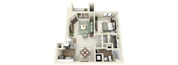 A 3D floor plan of a small apartment with a living room, kitchen, and bathroom.