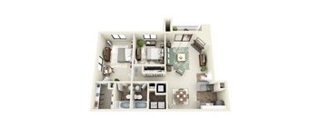 A 3D floor plan of a house with a kitchen, living room, and two bedrooms.