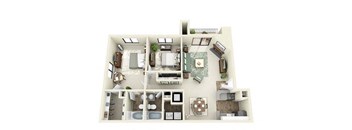 A 3D floor plan of a house with a kitchen, living room, and two bedrooms.