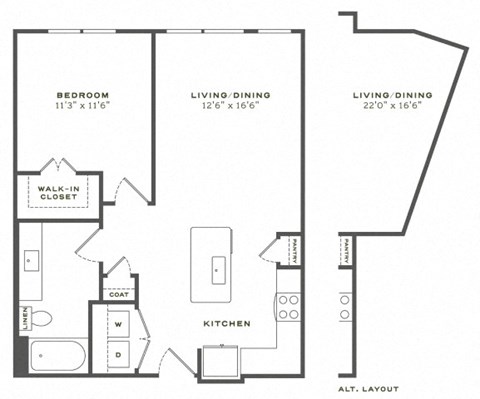 A black and white image of a floor plan for a home with a bedroom, living room, kitchen, and bathroom.