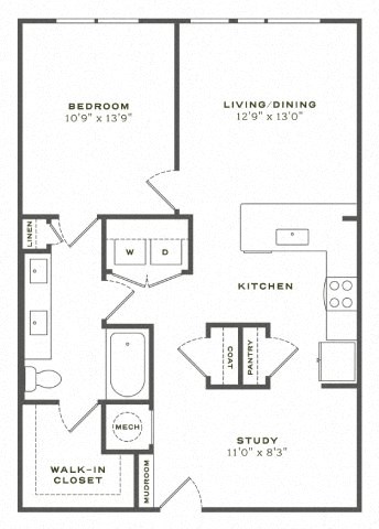 A black and white image of a house floor plan with a bedroom, living/dining area, kitchen, pantry, study, and walk-in closet.