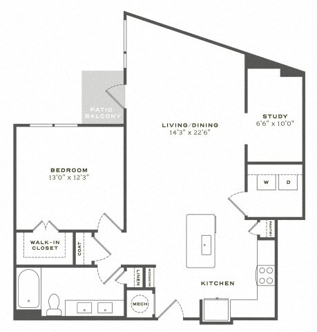 A black and white image of a house floor plan with a patio balcony, living/dining area, study, bedroom, walk-in closet, bathroom, kitchen, and a mudroom.