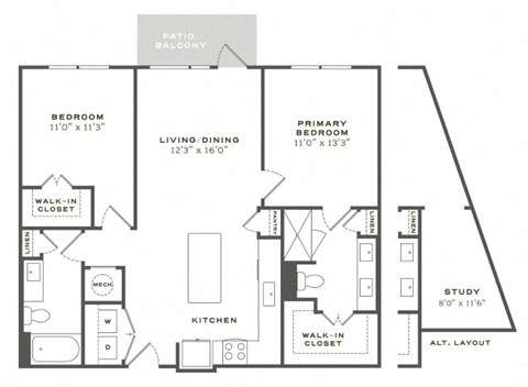 A floor plan of a home with a living room, dining room, kitchen, and three bedrooms.