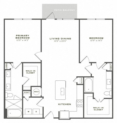 A black and white floor plan of a home with a living area, kitchen, and bedrooms.