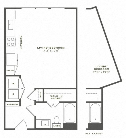A black and white image of a floor plan for a living/bedroom area.